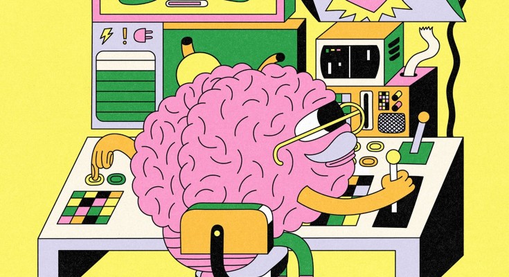 A cartoon of a brain wearing glasses, sat at a computer control panel. Screens show cartoons of the other major bodily organs