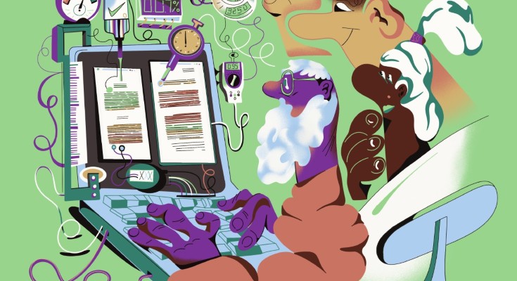 Conceptual illustration showing a person using a machine-like system to analyze documents, with gauges, monitors, and measuring tools symbolizing AI-generated content detection and evaluation