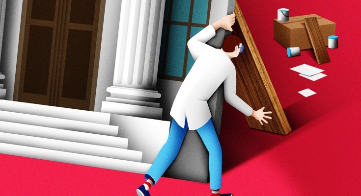 Illustration showing a scientist looking behind a grand academic building to reveal that it is actually a cardboard cutout