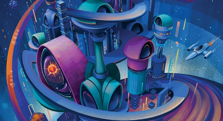 A conceptual illustration of a retro-futuristic city on another planet, with planets in the background, fusion power and a flying vehicle