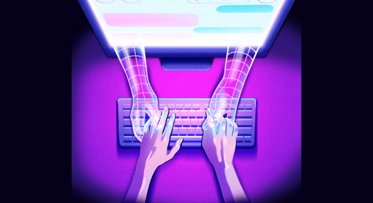 Illustration of a person interacting with their AI companion in an online chat. Virtual hands are emerging from the screen and interacting with the person