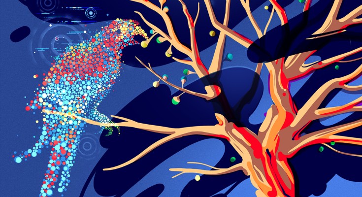 Illustration of a parrot composed of colourful dots to represent artificial intelligence, eating a small cluster of fruit from an otherwise barren tree