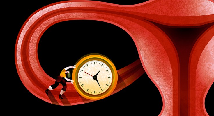 Stylised illustration showing a small figure of a woman holding back a clock from rolling down a fallopian tube