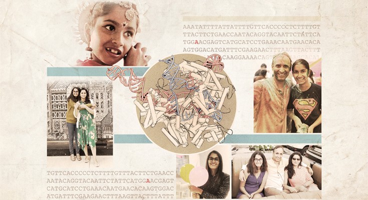 Illustration of CRISPR–Cas9 and genetic code surrounded by family photos of Uditi and her parents