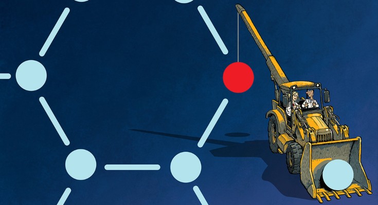 Cartoon showing a molecule in a chemical structure being replaced by researchers in a bulldozer