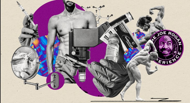 Collage of testosterone medication, lab equipment, and classical bodybuilding imagery.