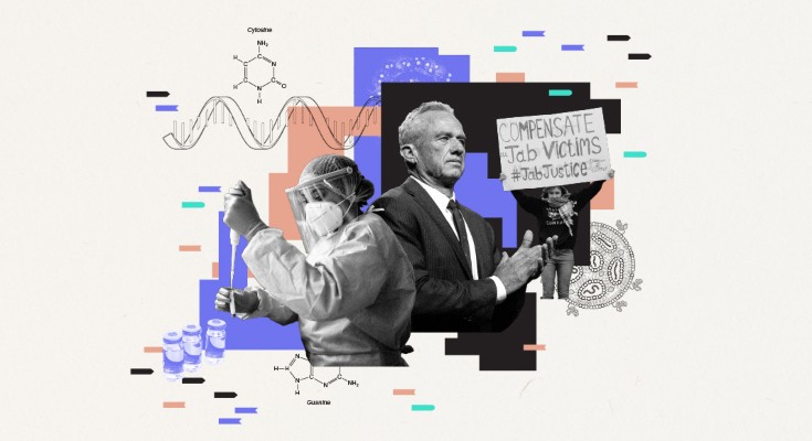 Collage illustration combining various visual themes related to the mRNA research