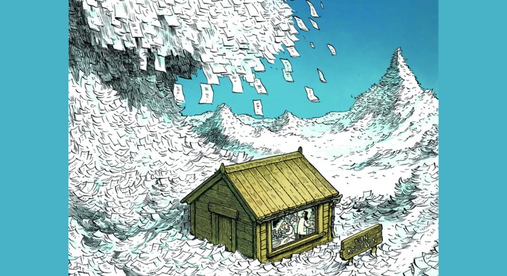 A cartoon of a house being flooded with papers