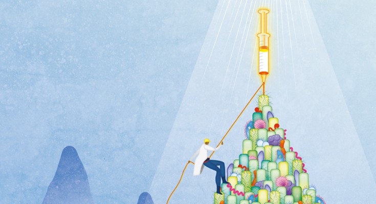 A cartoon scientist climbs a mountain of microbes 