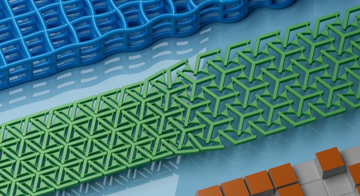 Artistic illustration of three examples of responsive architected materials.