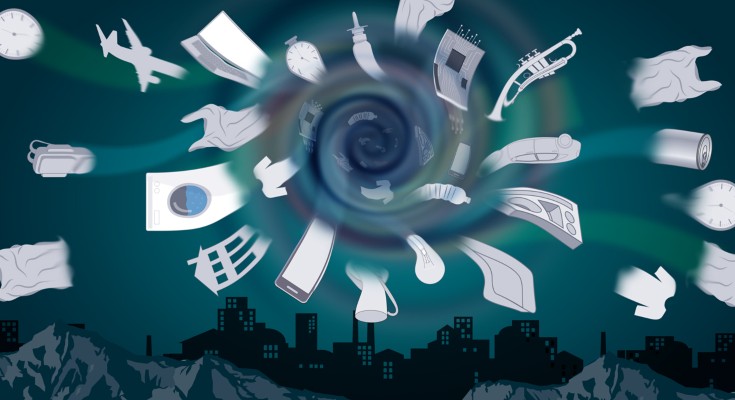 Artistic illustration of consumer materials swirling from a landfill into a void, representing the illusion of waste going "away"