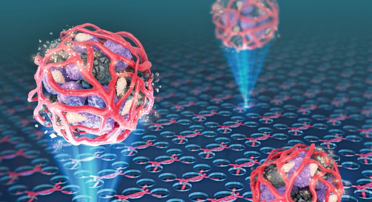 An illustration of vascularized tumors on a chip. The red and purple tumors being projected upward from the chip suggests an ice cream cone.