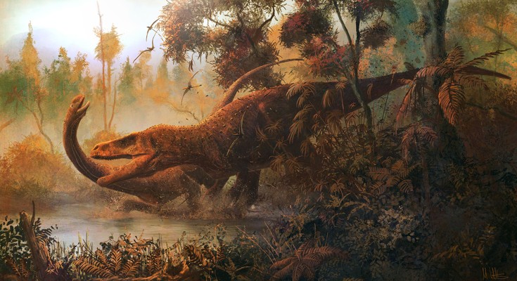 megalosaur attacking its sauropod prey in a lush Jurassic forest landscape