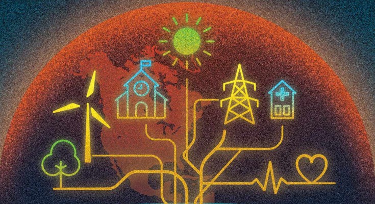 Diagram showing energy symbols and buildings