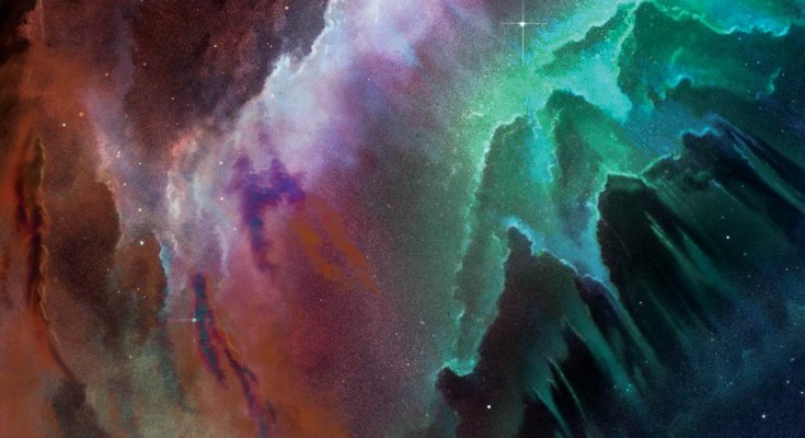 A muted rainbow of colour comes from an artist's impression of a molecular cloud, with nebulous gas surrounding dark, jagged peaks.