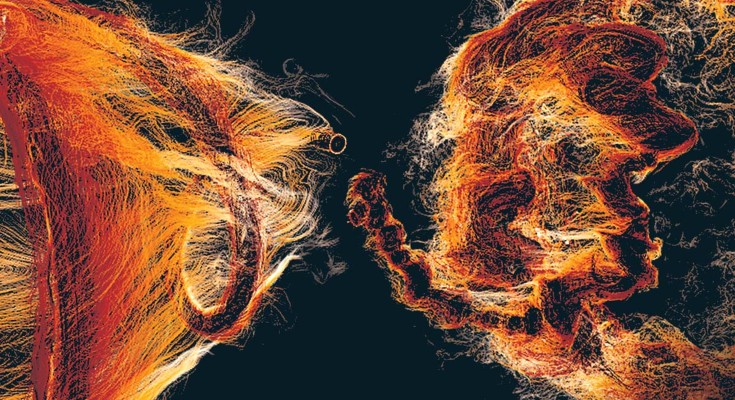 Two bundles of red, orange, yellow and black filaments meet at a point; the left bundle is made of elongated, aligned threads, the right bundle is more corrugated and crinkled. 