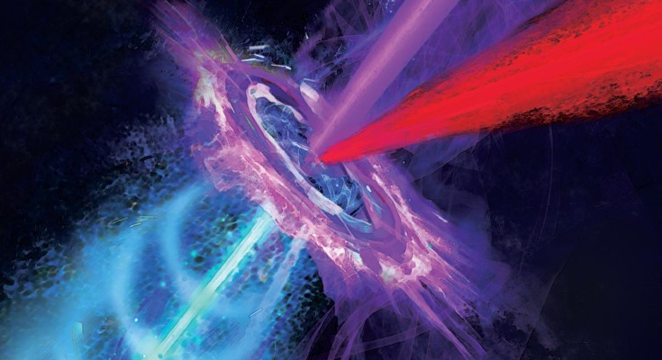 image of Compton scattering with a high energy electron beam interacting with an intense laser beam, generating a gamma ray beam.