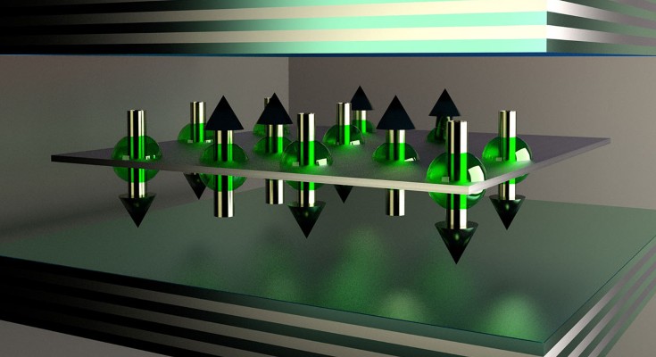 Artistic impression of spin-selective strong light-matter coupling in a 2D gas