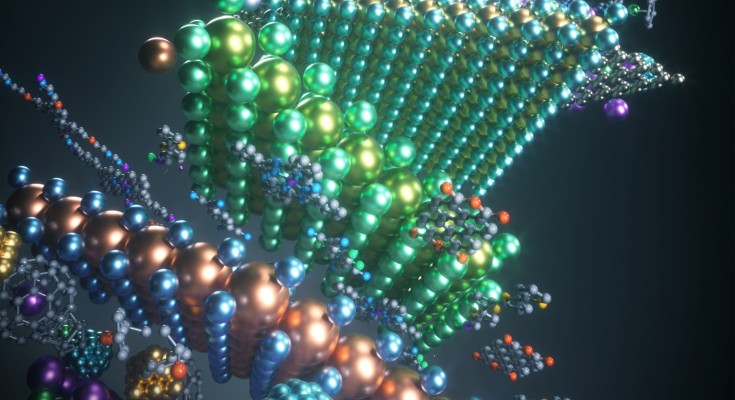 A computer-generated image showing different intercalants between sheets of 2D material.