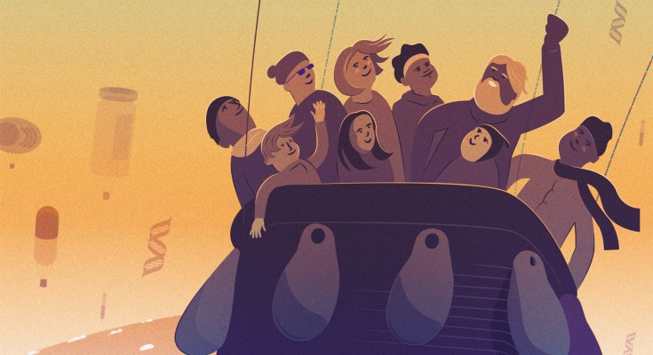 People aboard an old-fashioned boat, with symbols of medical technology in the atmosphere.