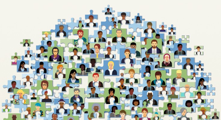 An collection of jigsaw puzzle pieces, each with the picture of a different individual