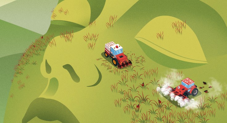 A butterfly-shaped area of weeds and pests, which represent autoreactive B cells and plasma cells, being cleared by tractors and pesticide sprayers, which represent the two types of CAR T cells.
