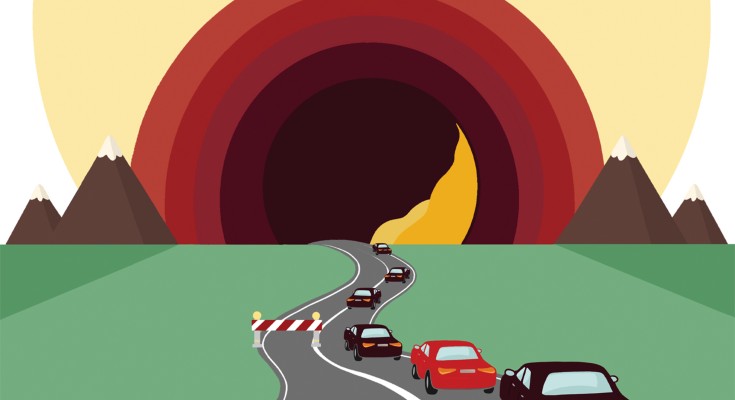 Cars are entering a tunnel, which is a stylized blood vessel with atherosclerotic plaque.