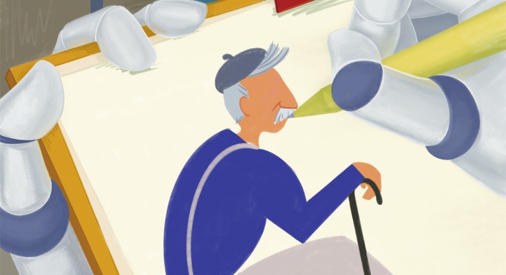 A robot hand, which represents a large language model, sketches a person that is hunched at their computer. It sees that the seated person has undergone accelerated aging and thus draws them as biologically older than their chronological age.