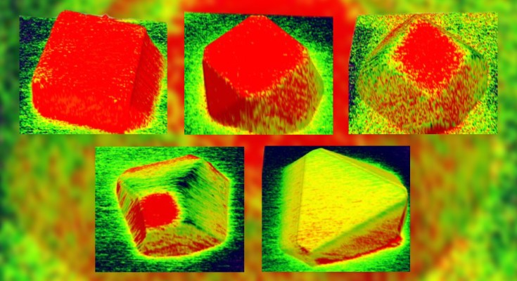 AFM images of Cu2O particles with morphologies varying from a cube to an octahedron