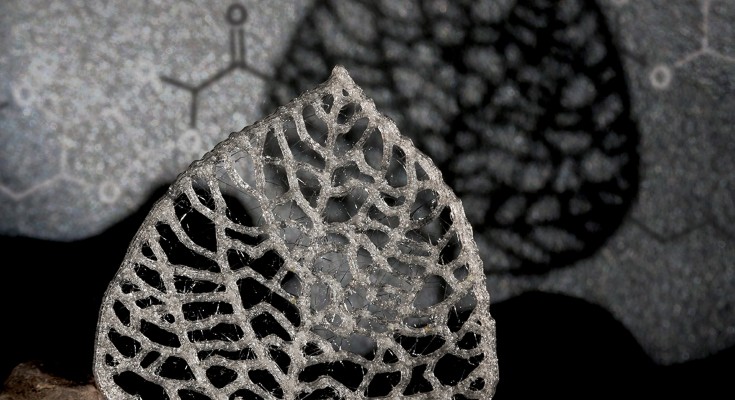 A 3D-printed leaf is shown taken from the cover of the September issue. 