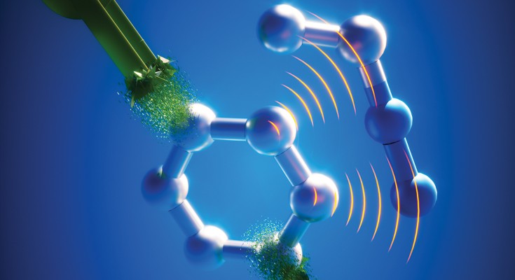 Artistic representation of an aromatic ring reacting with a diazoalkene