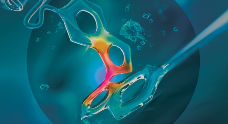 An artistic representation of a stiff stilbene mechanophore in a polymer chain.