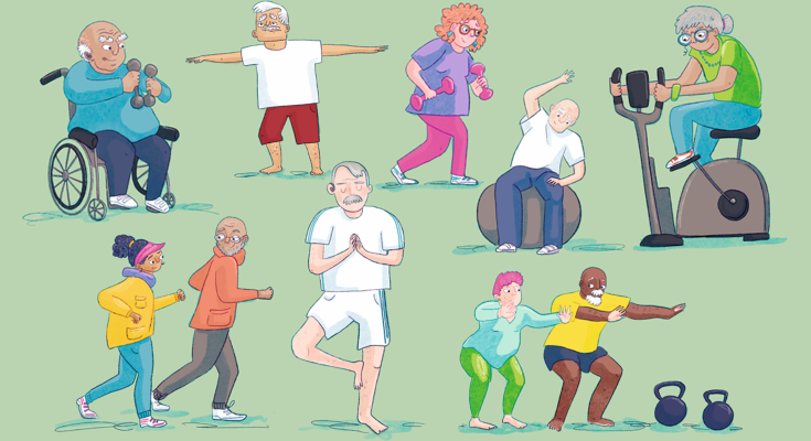 A group of elderly people engaging in a range of physical activities (yoga, weights, walking).