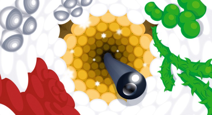 Stylized image of the inside of a bladder with an endoscope and tumour cells and infection