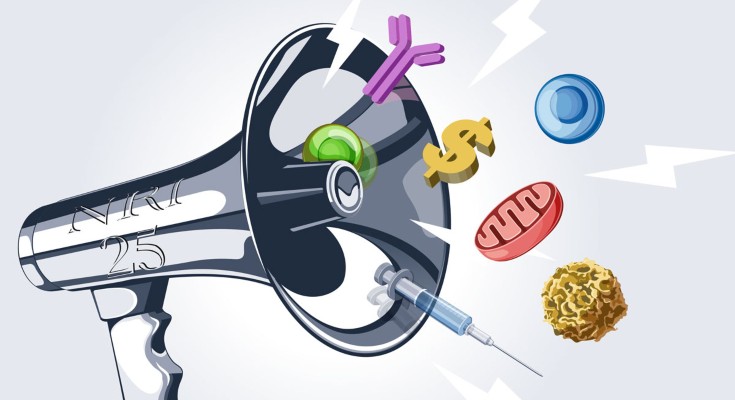 a loudspeaker with cells, antibodies, syringes coming out, angraved with NRI 25