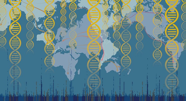 A map of the world with DNA strands superimposed