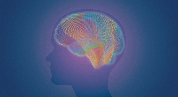 Silhouette of a person's head with a brain inside that's made up of coloured lines