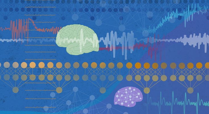 Brains overlaid with a range of AI-related images, including EEG traces and network diagrams.