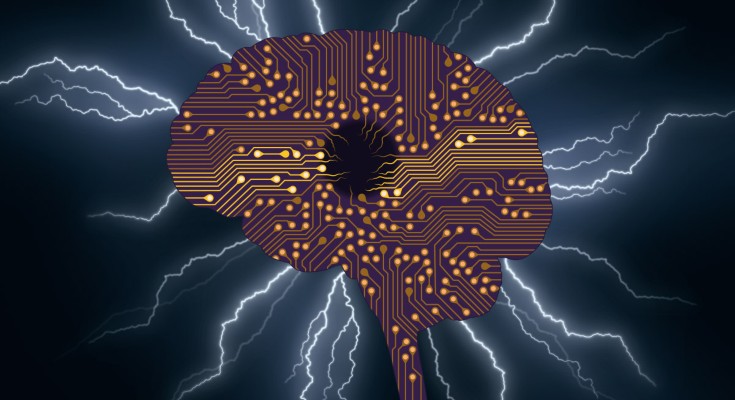 A brain made of circuit boards surrounded by electricity.