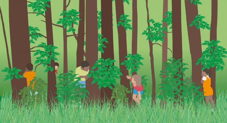 Children playing hide and seek in a forest