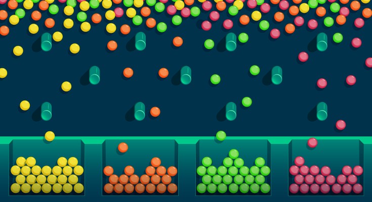 Multicoloured balls sorted on a Galton board